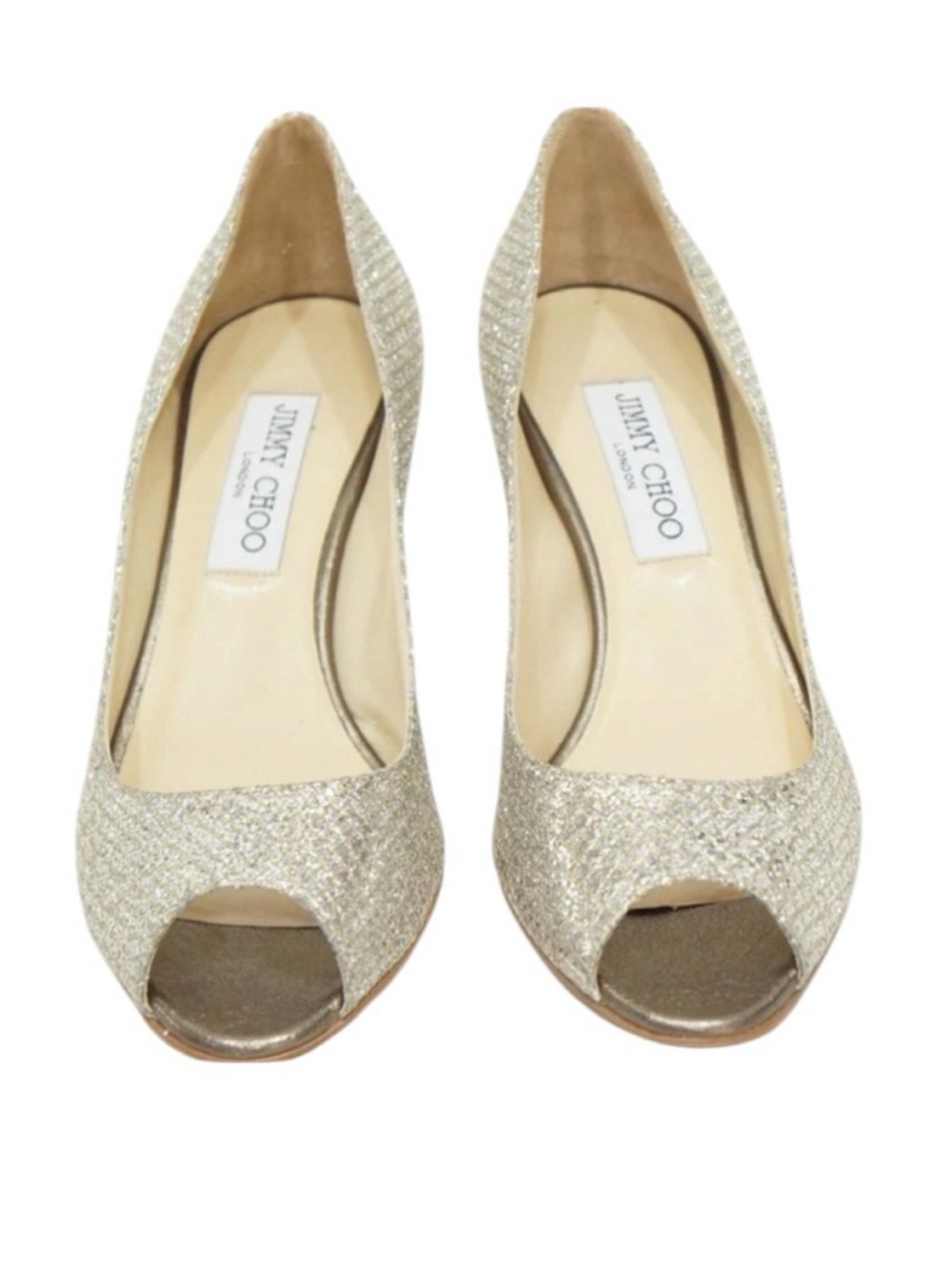Jimmy Choo Isabel Champagne Glitter Peep Toe Pumps Kitten Heel Size 6
